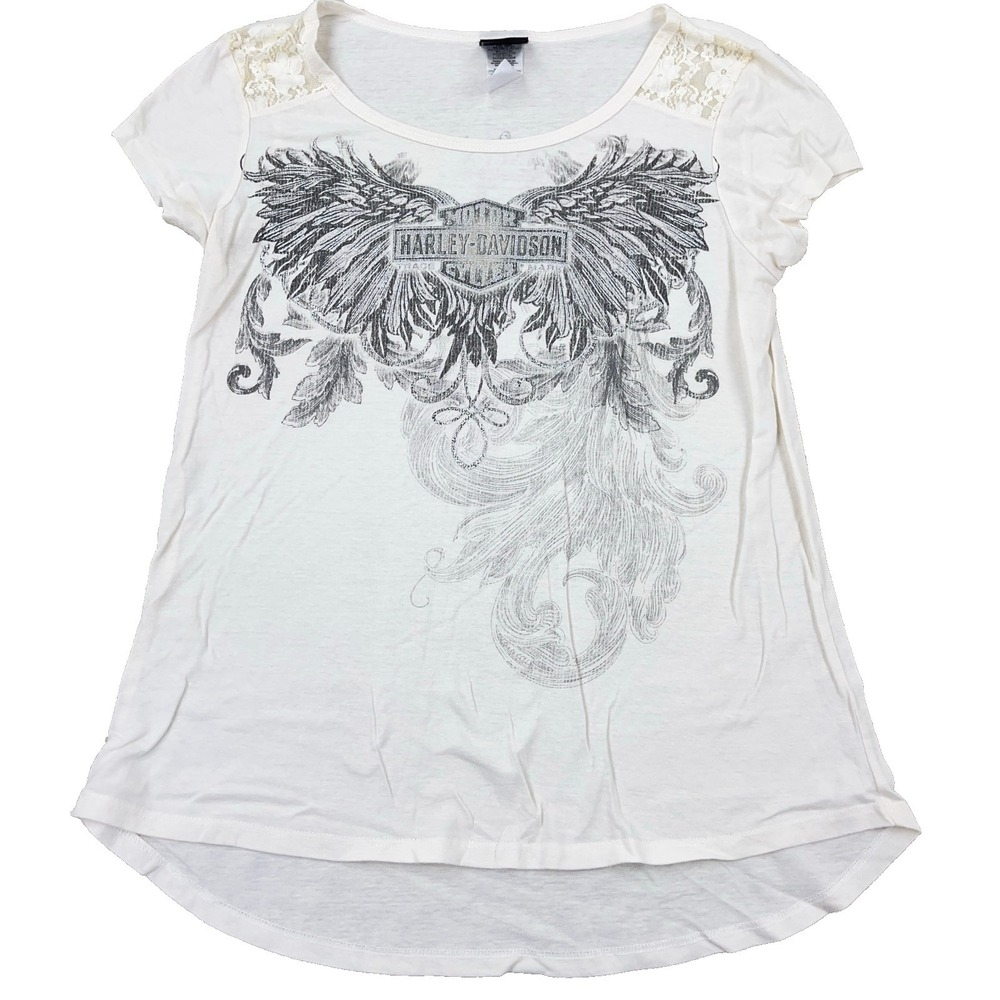 Harley Davidson Shirt Women Medium White Biker Tee Y2K‎ AOP All Over Wings